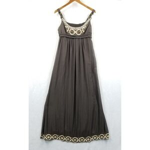 Elie Tahari Dress Women L Brown Silk Cotton Embroidered Beaded Maxi Empire Waist